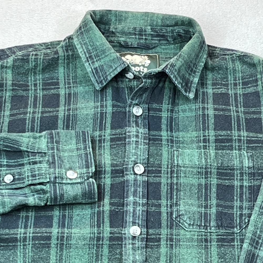 Roots Canada Mens Green Black Plaid Flannel Shirt Long Sleeve Cotton Large
